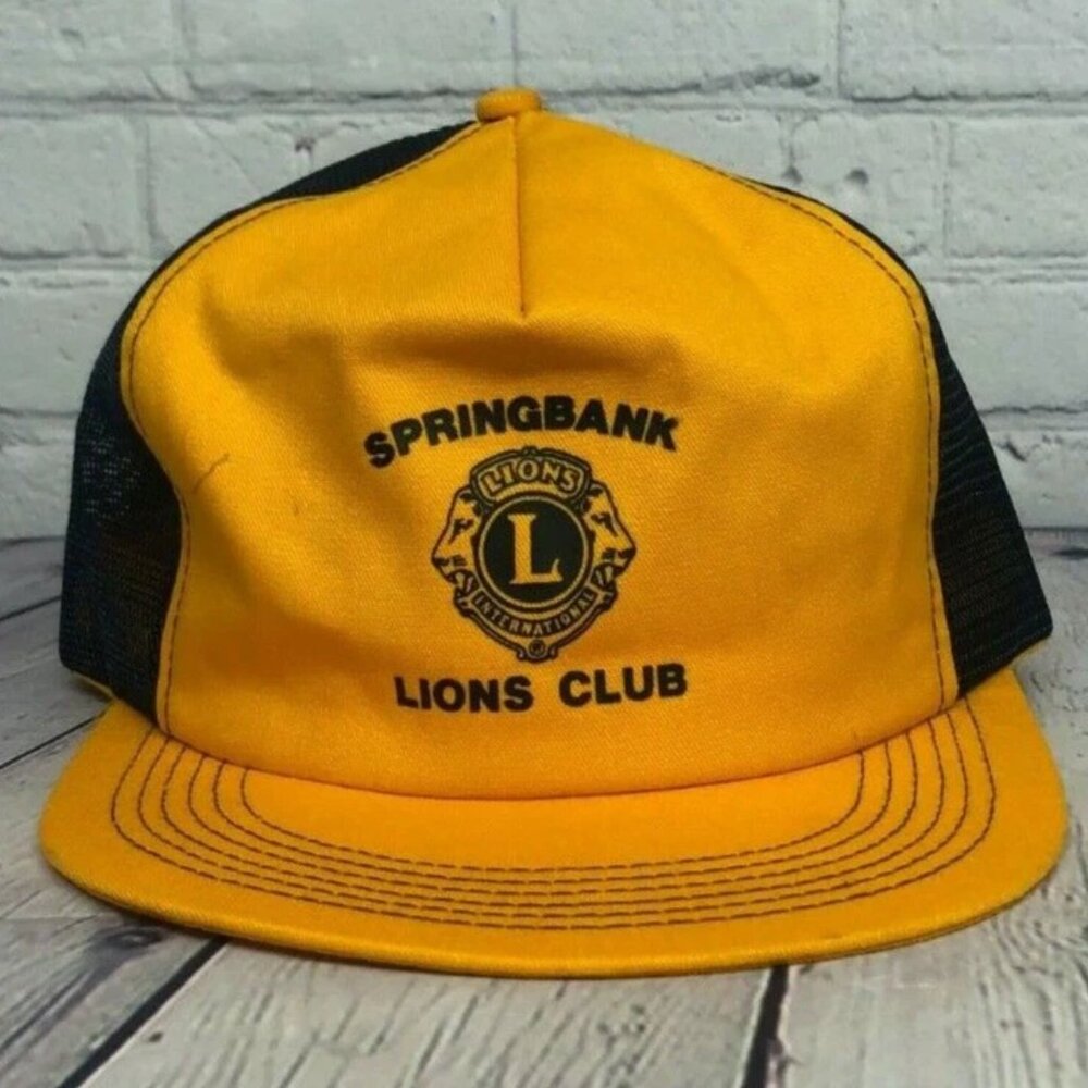 Vintage K-Brand Hat Cap Snapback Yellow Black SPRINGBANK Lions Club Trucker Mesh